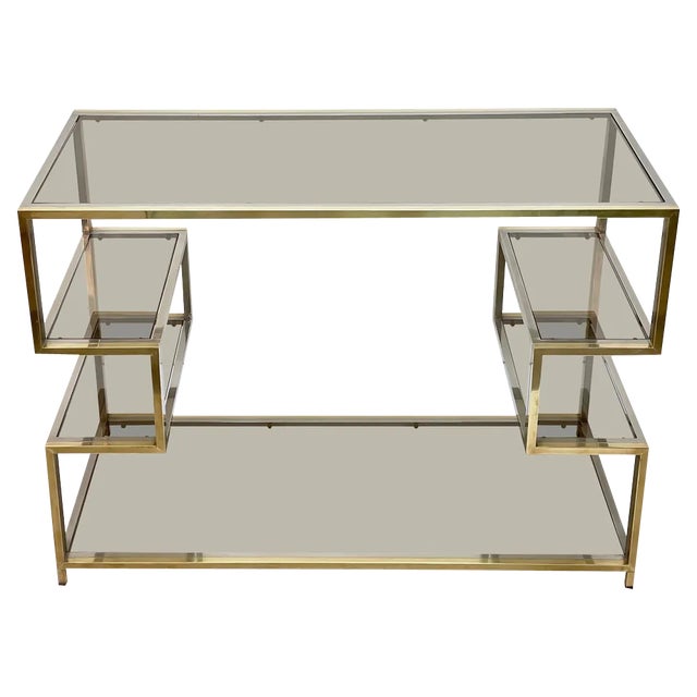 Mid-Century Italian Gold Brass and Glass Console Table, 1970s For Sale