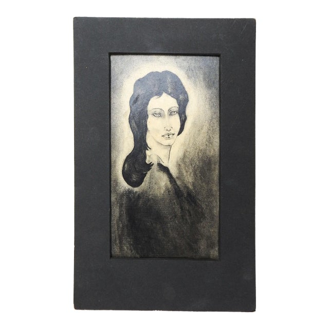 Small Vintage Mid 20th Century Pen and Ink Portrait Drawing of Woman