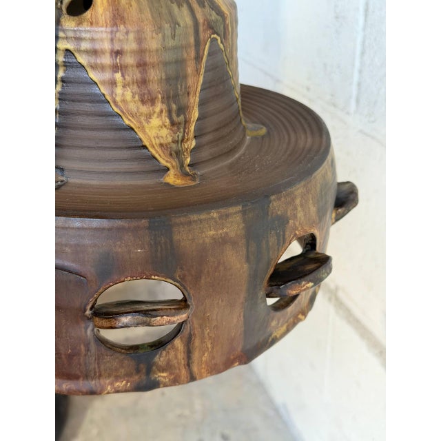 Vintage Mid-Century Modern Pendant Ceiling Lamp Brown Pottery Ceramic For Sale - Image 12 of 12