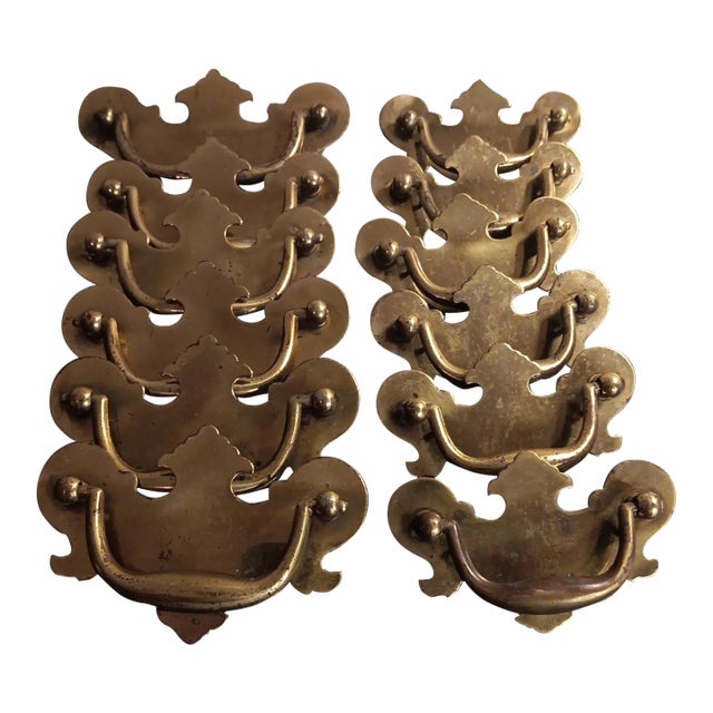 1980s Art Nouveau Style Brass Drawer Pulls - Set of 12 For Sale