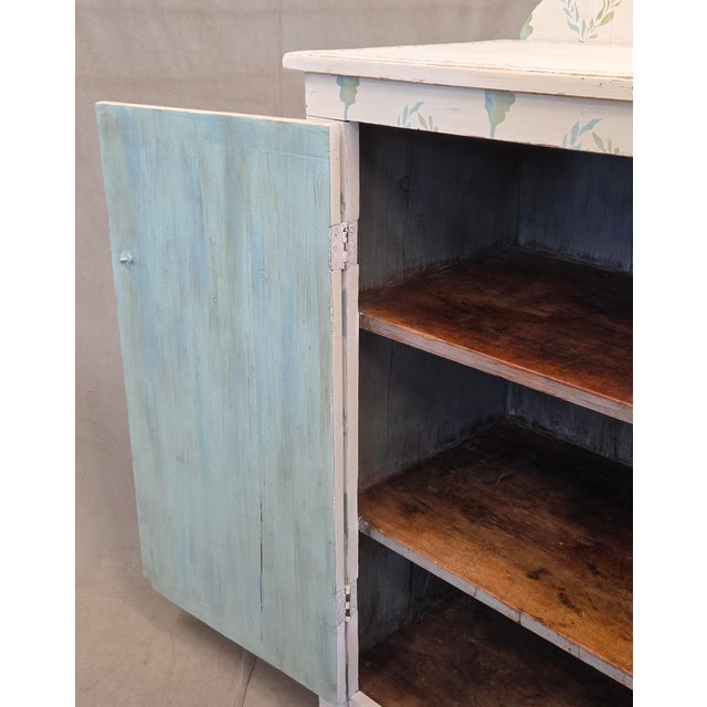 Antique Rustic Pine Two Door Sideboard Cabinet With Handpainted Lattice and Leaf Motif For Sale - Image 14 of 18
