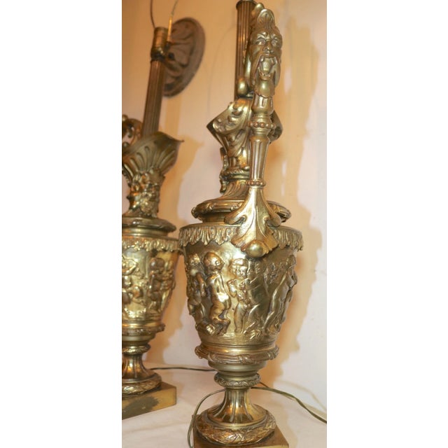 Huge Pair of 1800's Antique Gilt Bronze Figural Cherub Ewer Urn Vase Table Lamps For Sale - Image 10 of 12