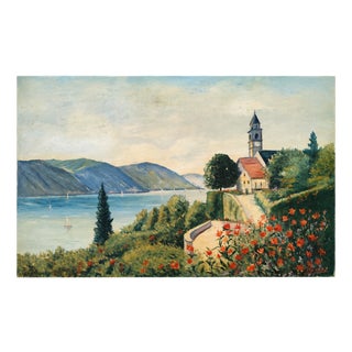 Buros, European Lakeside Scene, 1960s, Oil on Canvas For Sale