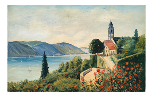 Buros, European Lakeside Scene, 1960s, Oil on Canvas