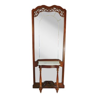 Large Vintage Pulaski Furniture Solid Mahogany Wood Fretwork Hall Tree Etched Floor Mirror Marble Top Console Table For Sale