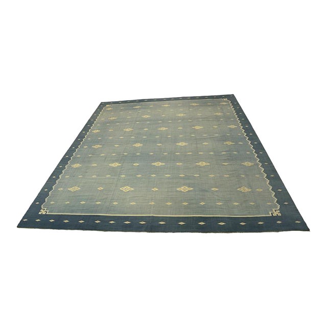 Vintage Dhurrie Geometric Runner Rug in Blue, From Rug & Kilim For Sale