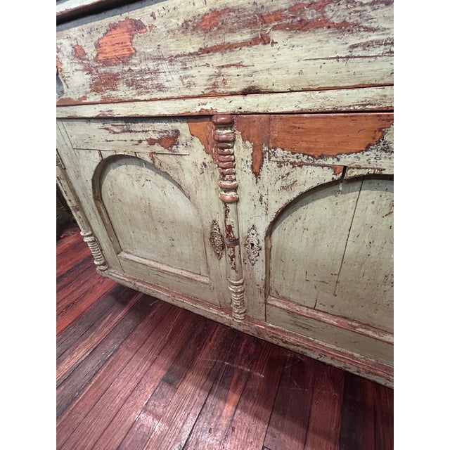 Antique Country Celadon Green Painted Distressed Stepback Cupboard Cabinet For Sale In Philadelphia - Image 6 of 18