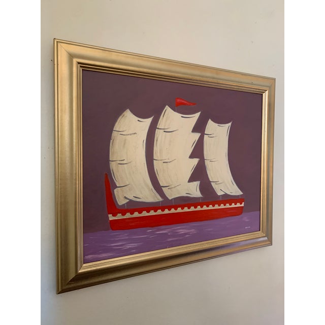 A refined maritime seascape in a distinctive palette of deep aubergine and soft lavender, grounded by a vermilion vessel...