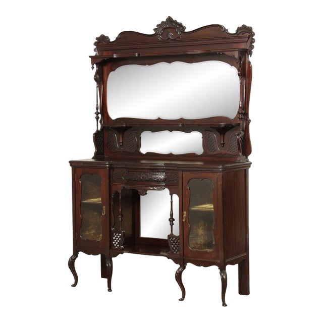Antique Victorian Carved Mahogany Mirrored Etagere Sideboard For Sale