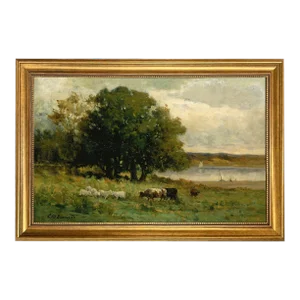 Cows in a Landscape 15x24" Framed Pastoral Oil Painting Print on Canvas