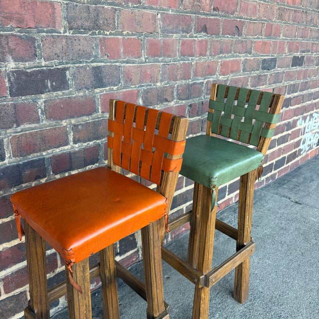 Pair of Ranch Oak Rustic Leather and Wood Bar Stools For Sale - Image 11 of 12