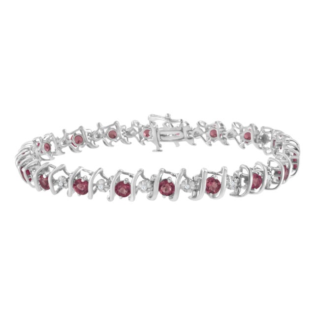 .925 Sterling Silver, Lab-Grown Gemstone and 1/6 Cttw Round Diamond Tennis Bracelet - Created Pink T For Sale