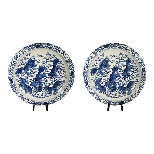 Chinese Blue and White Chargers With Scalloped Edge - A Pair For Sale