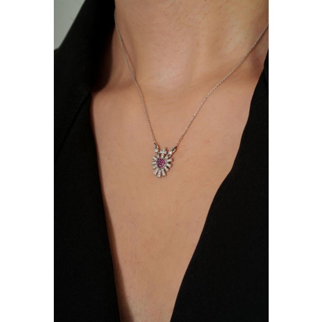 Vintage Inspired Ruby Diamond Sacred Heart Necklace in 14k White Gold For Sale In New York - Image 6 of 14