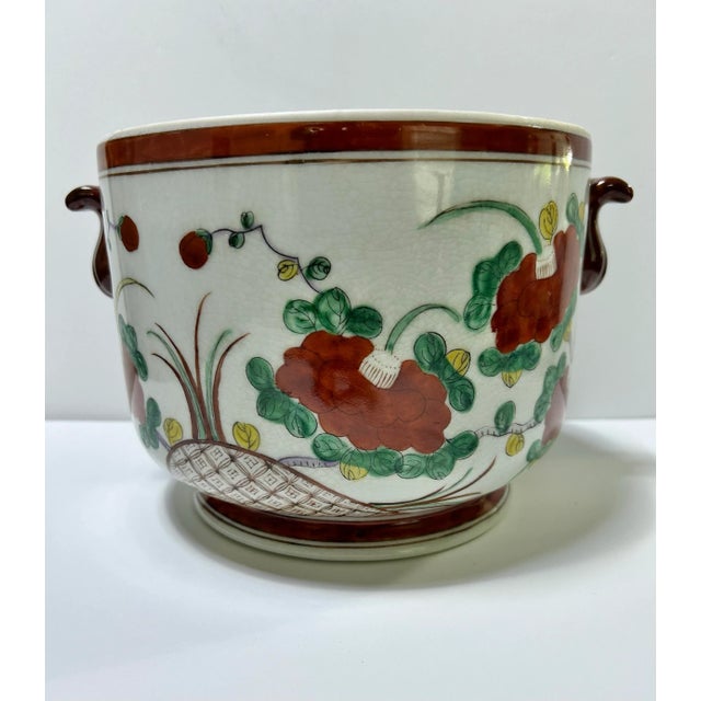 1980s Vintage Chinoiserie Floral Cachepot Planter With Double Handles For Sale - Image 5 of 11