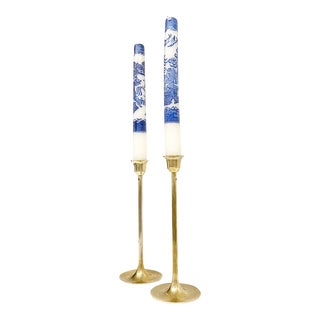 Brass Candle Holders With Spode-Style Candles, a Pair For Sale