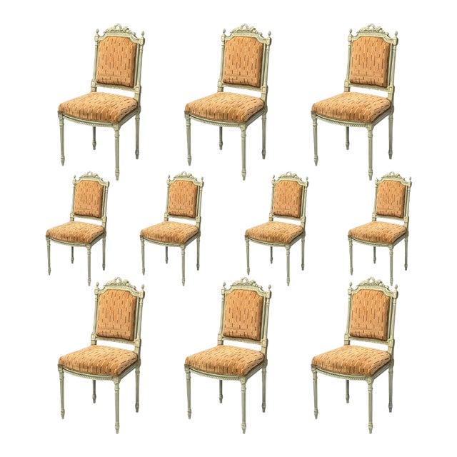 Swedish Louis XVI Style, Ten Dining Chairs, Grey Carved Wood, Fabric, 20th C. For Sale