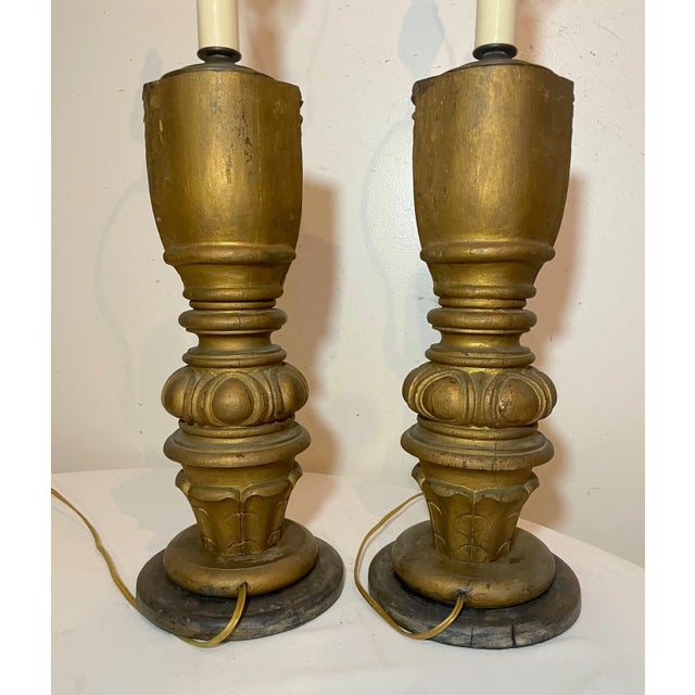 Pair Antique Large Hand Carved Victorian Wood Architectural Salvage Table Lamps For Sale - Image 14 of 14