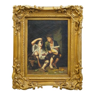 Late 20th Century Children Eating Grapes & Melon Oil Painting After Bartolome Esteban Murillo 24" For Sale