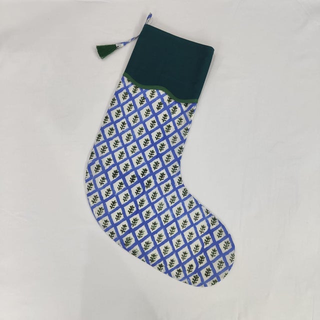 Handmade Blue Block Print Christmas Stockings, Set of 3 For Sale - Image 4 of 4