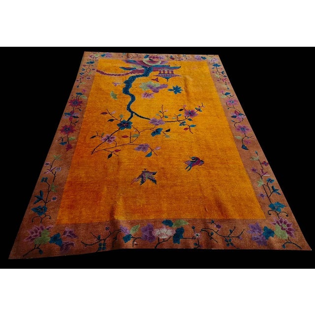 1920s Orange Scene Floral Antique Chinese Art Deco Rug 6'0" X 8'8" Knotted Wool Carpet For Sale - Image 9 of 9