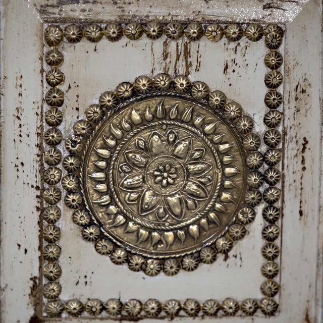 2010s Farmhouse Style Distressed Reclaimed Wood 2-Door Cabinet | Tall Storage Cabinet | Kitchen Cabinet | Distressed Painted Brass Accents Cabinet For Sale - Image 5 of 8