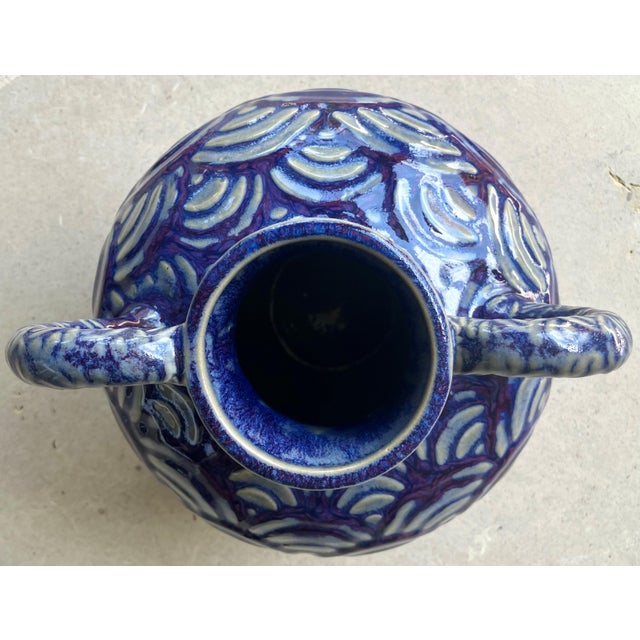 Late 20th-Century Safi-Style Earthenware Dual-Handled Pottery Vessel Drenched in Deep Cobalt Blue & Byzantium Purple, Mexico For Sale - Image 10 of 18