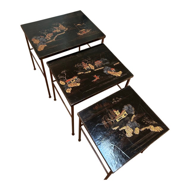 Set of Three (3) Raised Chinoiserie Nesting Tables For Sale