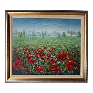 1980s C. Benolt Floral Farm Landscape Oil on Canvas Painting, Framed For Sale