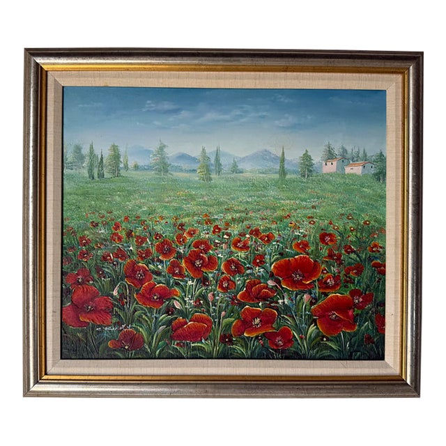 1980s C. Benolt Floral Farm Landscape Oil on Canvas Painting, Framed For Sale