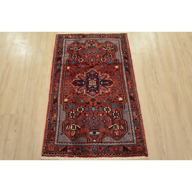 Tribal Hamedan Rug 2’10” X 4’6” Red Wool Vintage Tribal Hand-Knotted Carpet For Sale - Image 3 of 10
