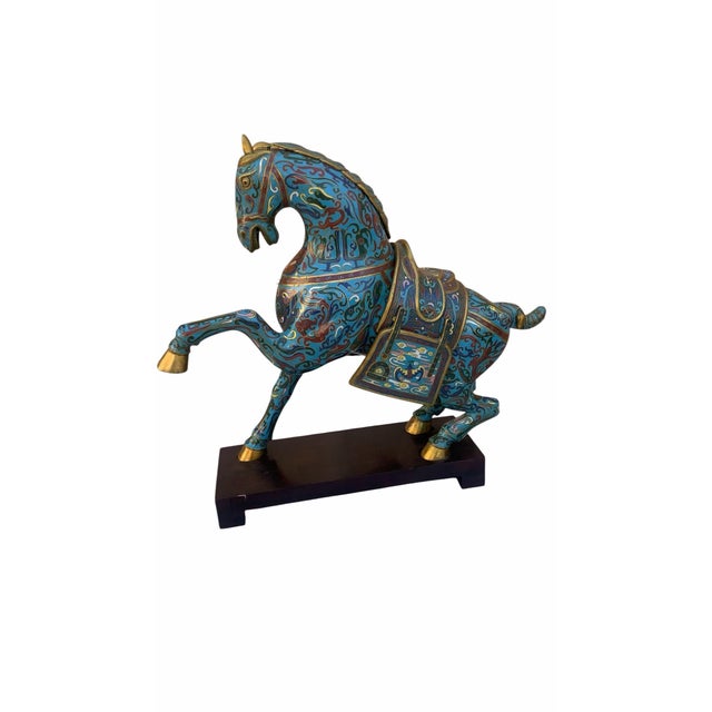 Blue Vintage Chinese Cloisonné War Horse Sculptures - Pair For Sale - Image 8 of 10