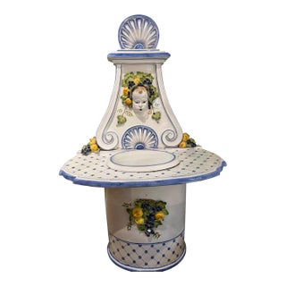 Vintage Italian Majolica Ceramic Three-Piece Cherub Wall Fountain & Pedestal Sink Set For Sale