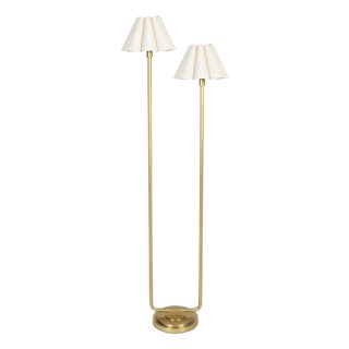 Polly Double Arm FloorLamp, Natural Brass with Oyster Scalloped Shade For Sale