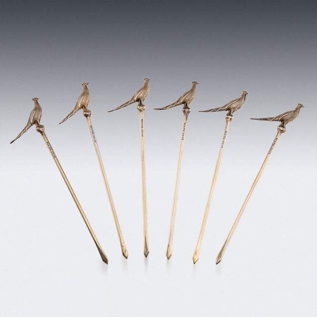 Vintage 20th Century English Silver Pheasant Cocktail Sticks, 1937, Set of 6 For Sale - Image 3 of 16