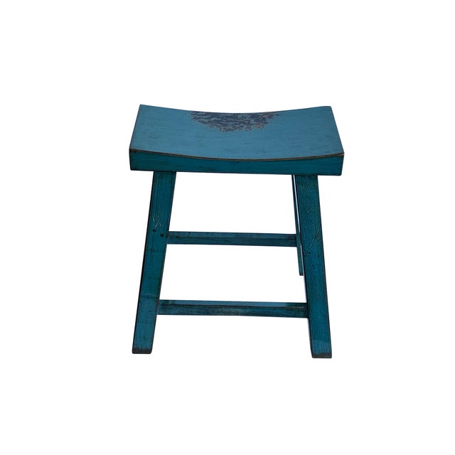 Distressed Teal Blue Rectangle Backless Slim Stool Bench Side Table For Sale - Image 4 of 5