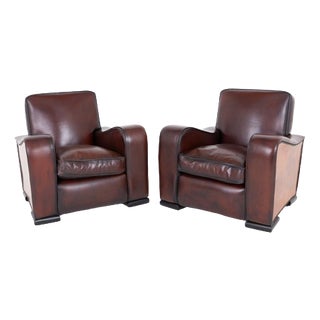 Art Deco Club Chairs in Walnut and Leather, Set of 2 For Sale