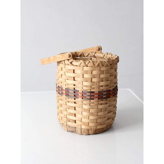 Tan Vintage Woven Splint Basket With Swing Handle For Sale - Image 8 of 13