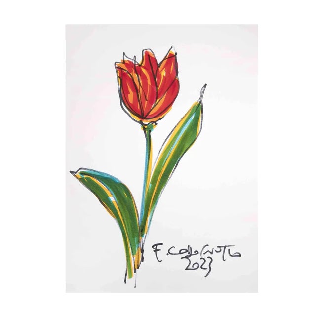 Ferdinando Codognotto, Red Tulip, Marker Drawing, 2023 For Sale