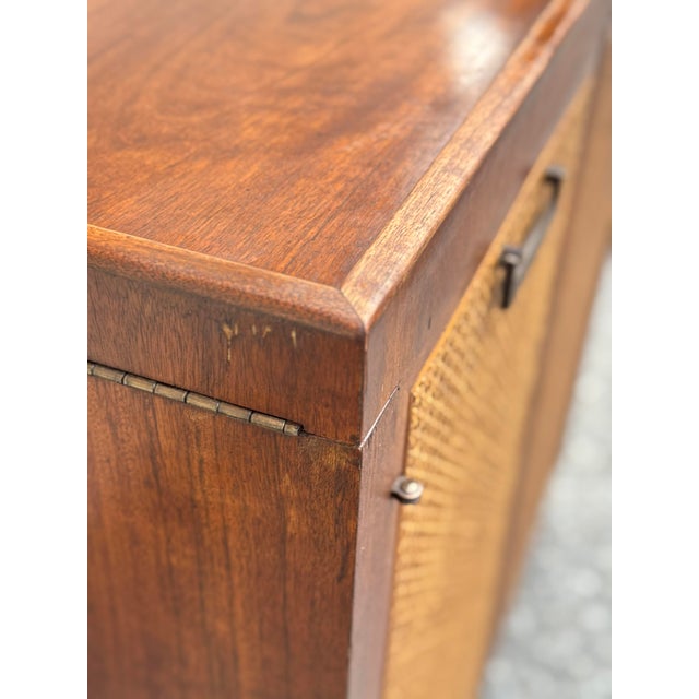 Mid Century Walnut Bar Cabinet With Sliding Top Extension and Cane Doors For Sale - Image 11 of 12