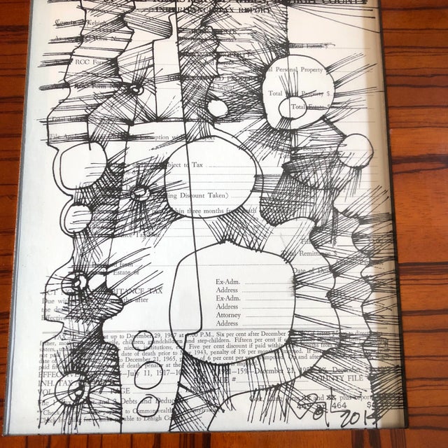 Original ink drawing done on vintage document 8 x 10 signed bottom right Overall size with frame is 13 x 15 meant to stand...