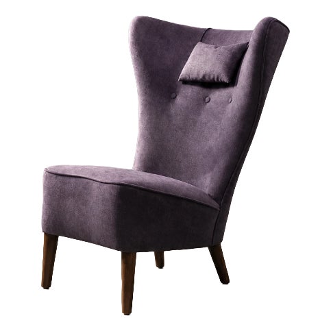 Vintage Scandinavian Modern Oak and Purple Fabric High Back Wing Chair, 1950s For Sale