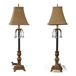 1990s Black & Gold Buffet Table Lamps W. Crystal Accents - a Pair For Sale