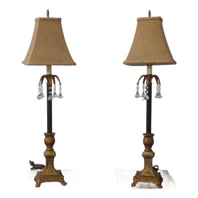 1990s Black & Gold Buffet Table Lamps W. Crystal Accents - a Pair For Sale