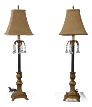 1990s Black & Gold Buffet Table Lamps W. Crystal Accents - a Pair