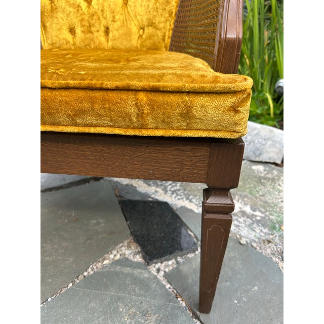 1960s Cane Tub Chair in Vibrant Marigold Slub Velvet - Rare Finished Seat Deck For Sale - Image 11 of 11
