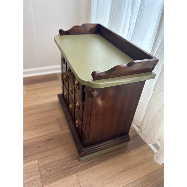 Vintage Lion 3-Drawer Nightstand - Dark Wood, Olive Sage Green, Gold Pulls For Sale - Image 10 of 12