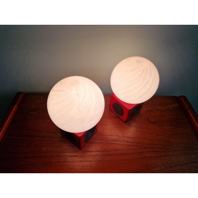 Red Ceramic Bedside Lamps with Opaline Glass Globes, 1970s, Set of 2 For Sale - Image 12 of 14