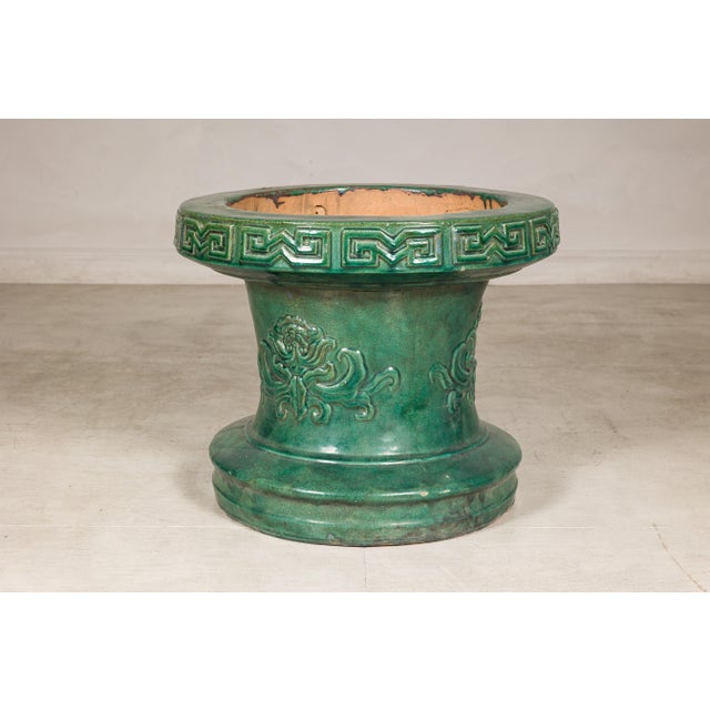 Chinese Vintage Green Glazed Ceramic Planter or Garden Seat Base with Foliage For Sale - Image 9 of 11
