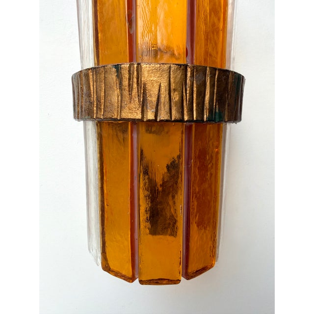 Longobard 1970s Amber Glass Hammered Wrought Iron Sconces by Longobard - a Pair For Sale - Image 4 of 11